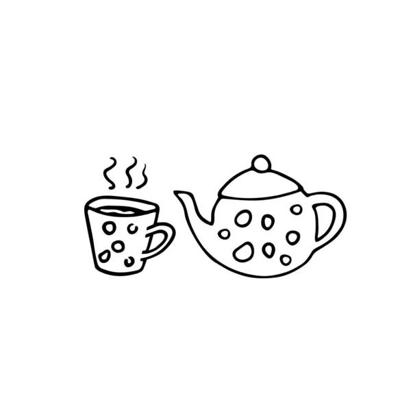 Doodle Teapot Cup Tea Hand Drawn Hot Drink Kettle Mug — Stock vektor