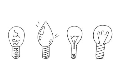Karalama ampulleri, el yapımı elektrik cihazları, fikir seti. Bilimsel keşif işareti, içgörü. Serbest ve minimal tasarım. İzole edilmiş.