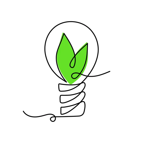 Glühbirne Mit Blättern Einzeilige Kunst Handgezeichnete Kontinuierliche Kontur Green Energy — Stockvektor