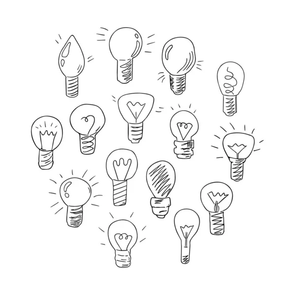 Doodle Lightbulbs Hand Drawn Electric Devices Set Idea Concept Sign — ストックベクタ