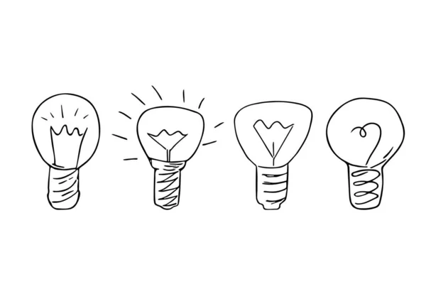 Doodle Lightbulbs Hand Drawn Electric Devices Set Idea Concept Sign — Vetor de Stock