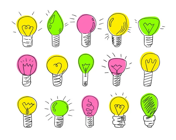 Doodle Lightbulbs Hand Drawn Electric Devices Set Idea Concept Sign — Image vectorielle