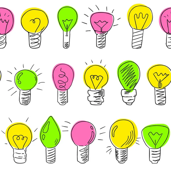 Seamless Pattern Doodle Lightbulbs Hand Drawn Electric Devices Endless Background — Image vectorielle