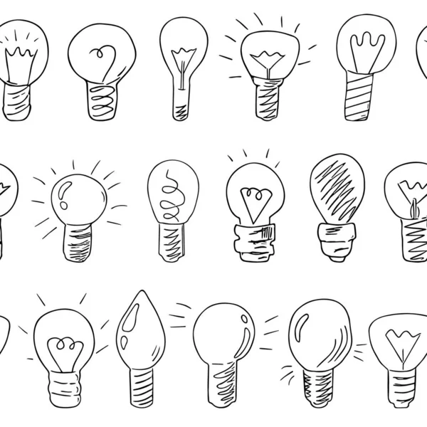 Seamless Pattern Doodle Lightbulbs Hand Drawn Electric Devices Endless Background — Image vectorielle
