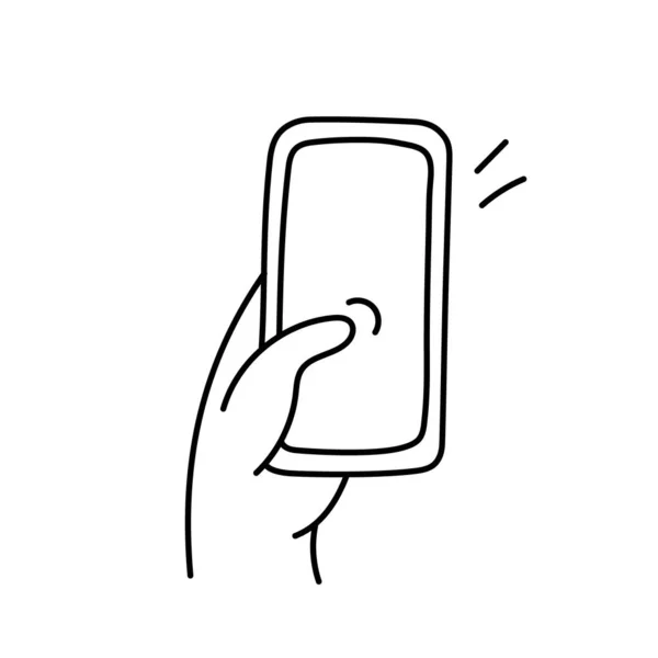 Mão Segurando Ícone Doodle Smartphone Desenho Mão Gadget Eletrônico Com — Vetor de Stock