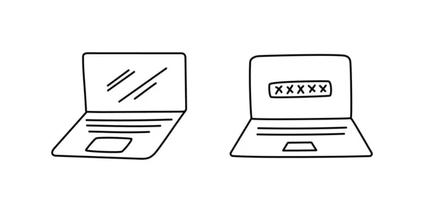 Iconos Garabatos Para Computadora Portátil Dibujo Dibujado Mano Aparatos Electrónicos — Vector de stock