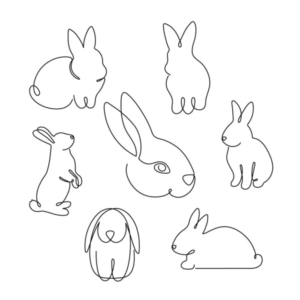 Rabbit Set One Line Art Hand Drawn Bunny Continuous Contour — Vetor de Stock