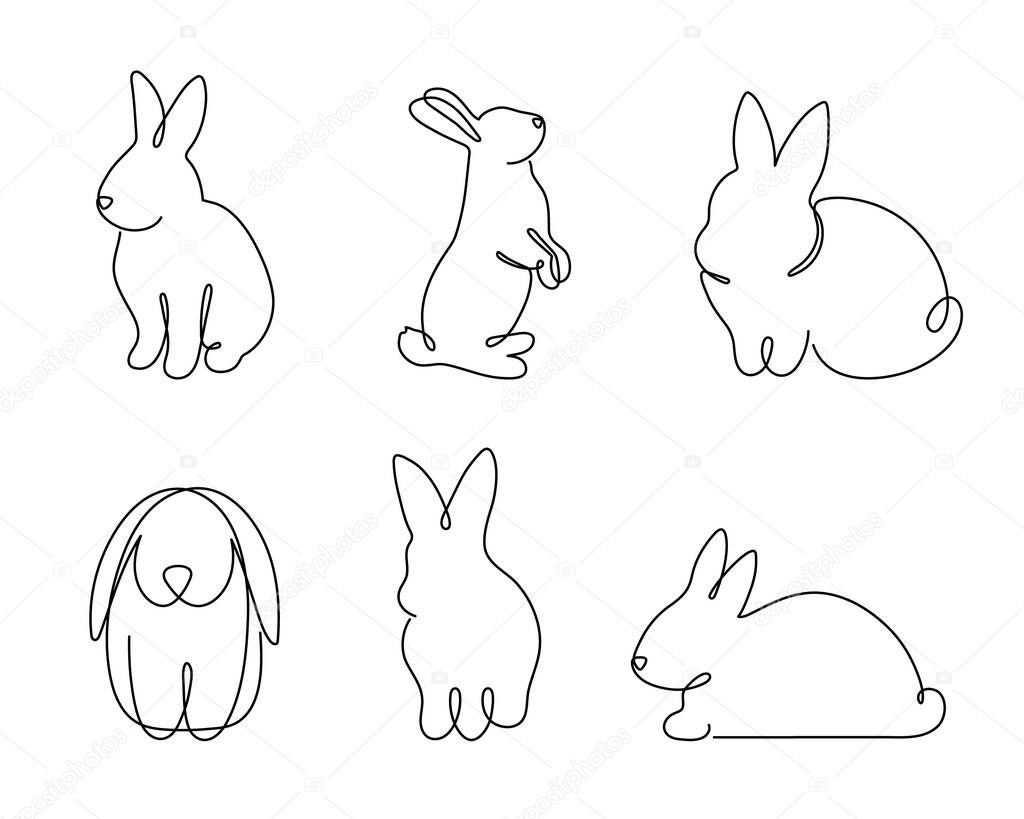 Rabbit set one line art, hand drawn bunny continuous contour. Animals hare , symbol of 2023 by Chinese horoscope. Simple minimalist design. Editable stroke. Isolated.