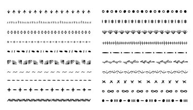 Doodle dividers set, hand-drawn ethnic separators, borders and welts boho style for decoration. Trendy Aztec underlines are painted by ink and pen. Isolated. Vector