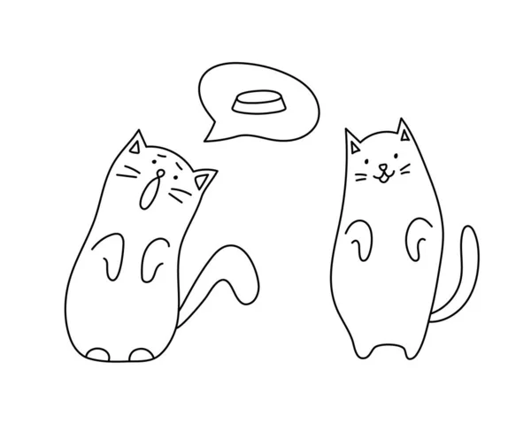 Hand Drawn Hangry Cute Cats Kitties Asking Food Cartoon Doodle — Image vectorielle