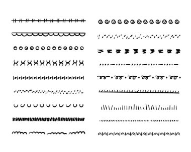 El çizimi altçizgileri seti. Dekorasyon için boho tarzı karalama etnik ayırıcılar, ayırıcılar, sınırlar ve çizikler. Moda Aztek çizgileri mürekkep ve kalemle boyanır. İzole edilmiş. Vektör