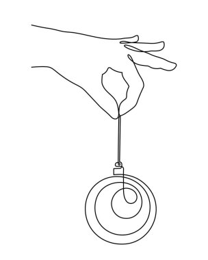 Hand holding Christmas ball,one line art,continuous contour.Hand drawn palm with new year toy,festive element.For New Year holiday cards,coloring book, posters,banners,calendars,print. Editable stroke