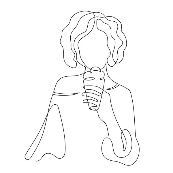 Девушка Мороженым Одной Линией Рисунка Нарисованная Вручную Стилизованный Контур Молодая — стоковый вектор