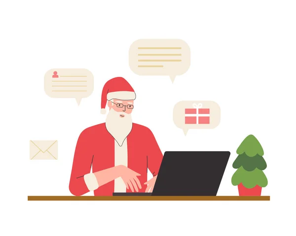 Modern Santa Reads Letters Sends Gifts Online Using Laptop Christmas — Image vectorielle
