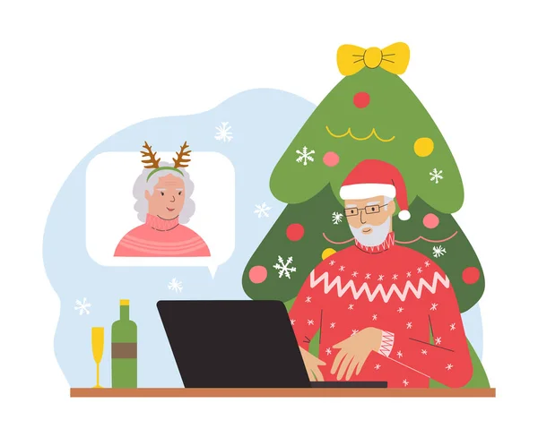 Modern Elderly Man Congratulates Woman Online Using Laptop Internet Christmas — Stockvector