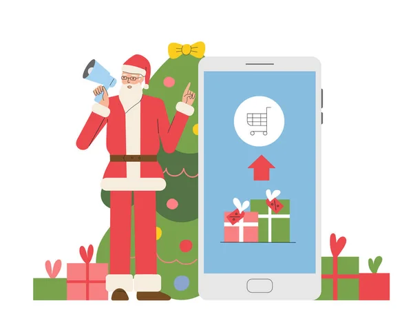 Christmas New Year Sale Santa Speaks Using Megaphone Loudspeaker Invite — Vetor de Stock