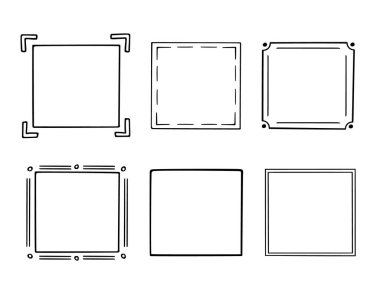 Çerçeve seti, el yazısıyla çizilmiş monogramlar. Tasarımınız için basit kabataslak unsurlara sahip kenarlar ve kadrolar. İzole edilmiş. Vektör