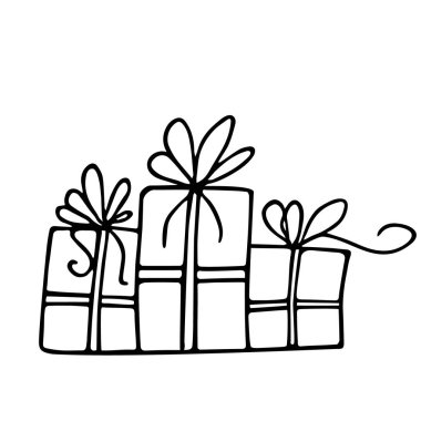 Kurdele ve yayla süslenmiş el yapımı bir hediye. Çizim stili, minimalizm, taslak. İzole edilmiş. Tatil vektörü