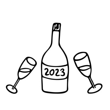 Şarap ve gözlük, el yapımı unsur, çizim tarzında şerefe kadeh kaldırma. 2023 yılbaşı ya da Noel tatili için özel tasarım, mürekkep, kalem, kalem. Geleneksel alkol eğlencesi..