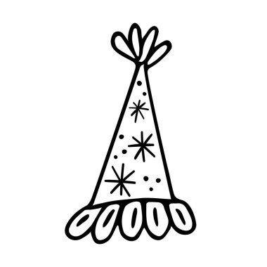 Elle çizilmiş yeni yıl şapkası, noel şapkası karalama tarzı. Doğum günü tatili için şenlikli başlık, mürekkeple, kalemle, kalemle çizim. İzole edilmiş. Vektör