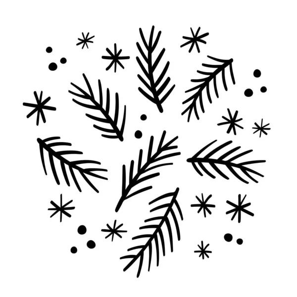Brindilles Arbre Noël Avec Ensemble Flocons Neige Branches Dessinées Main — Image vectorielle