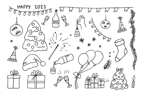 Año Nuevo 2023 Celebrando Conjunto Elementos Dibujados Mano Bosquejo Doodle — Archivo Imágenes Vectoriales