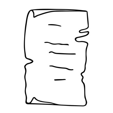 Kağıt parşömen kağıdı. Kavisli papirüs harfi dökümanı. El çizimi, karalama çizimi. Freehand, minimalizm tarzı, çizgi sanatı. İzole Vektör