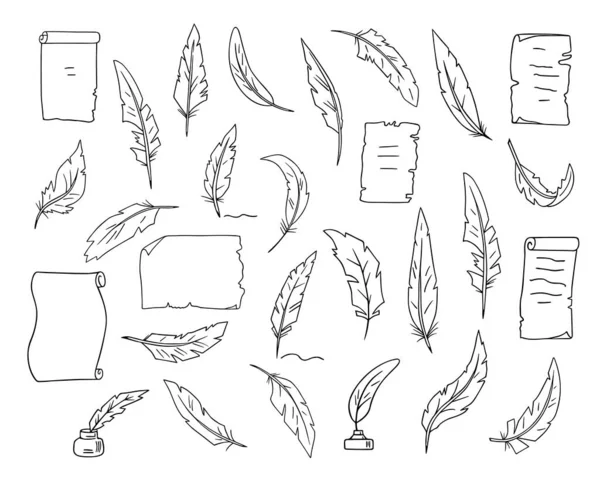 Kuş Tüyü Kalemler Parşömen Kağıtları Seti Mürekkep Kalemleri Kavisli Papirüs — Stok Vektör