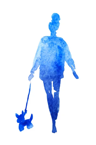 Aquarell Silhouette Einer Frau Mit Hund Handgezeichnete Wanderdame Mit Haustier — Stockvektor