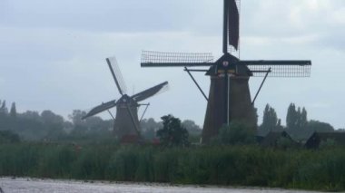 Hollanda 'da açık bir arazide yel değirmenleri Yazın bulutlu ve rüzgarlı bir günde