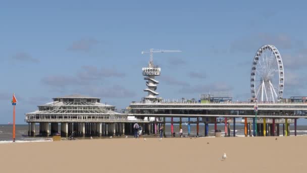 Breed Uitzicht Boardwalk Den Haag Een Zonnige Winderige Dag Zomer — Stockvideo