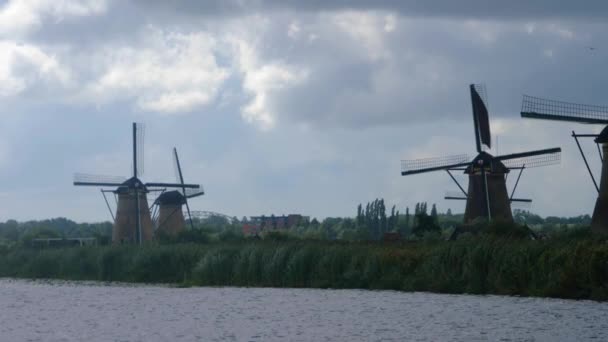 夏の曇りと風の強い日にオランダのオープンフィールドで風車 — ストック動画