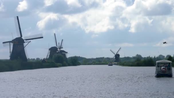 Väderkvarnar Ett Öppet Fält Nederländerna Mulen Och Blåsig Dag Sommaren — Stockvideo