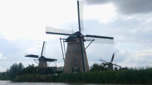 Windmills Open Field Netherlands Cloudy Windy Day Summer — Stock Video