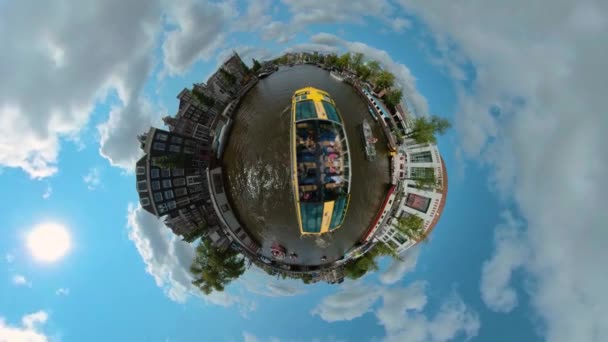 Little Planet Formát Jízdy Lodí Amsterdamu Slunečného Dne Létě Kolem — Stock video