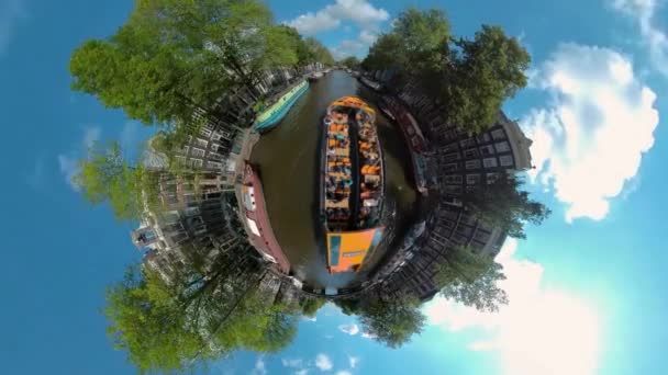 Little Planet Format Boat Ride Amsterdam Sunny Day Summer Canals — Stock Video