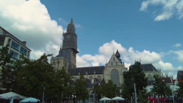 Widok Wokół Katedry Matki Bożej Antwerpii Słoneczny Dzień — Wideo stockowe