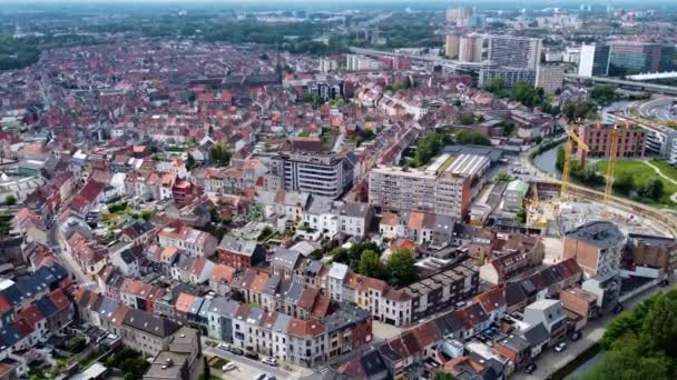 Vista Aérea Alrededor Del Centro Ciudad Wetteren Bélgica Una Tarde — Vídeo de stock