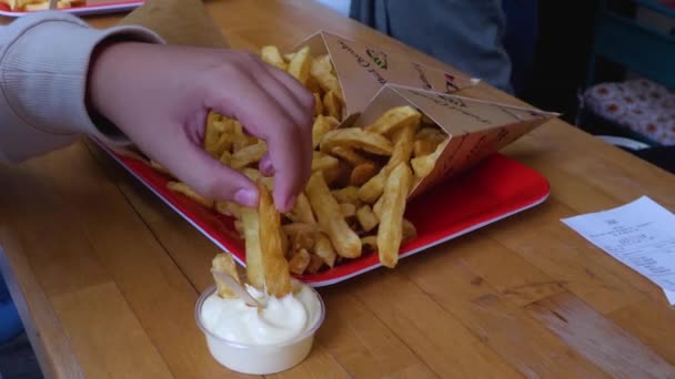 Batatas Fritas Belgas Com Maionese Com Molho Manual Batatas Fritas — Vídeo de Stock