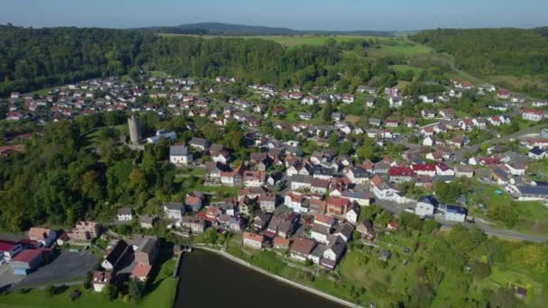 Widok Lotu Ptaka Wieś Lissberg Niemczech Hesja Słoneczny Poranek Późnym — Wideo stockowe