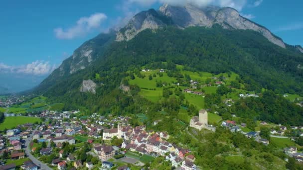 Luftudsigt Omkring Den Gamle Bydel Byen Mels Sargans Schweiz Solrig – Stock-video