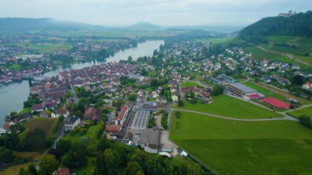 Luftaufnahme Der Stadt Stein Rhein Einem Bewölkten Sommertag — Stockvideo