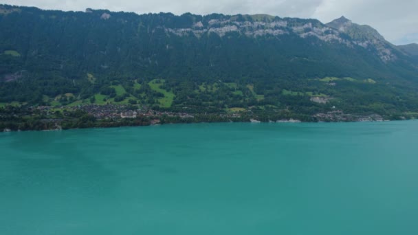 Flygfoto Runt Sjön Brienz Och Staden Bnigen Schweiz Solig Dag — Stockvideo