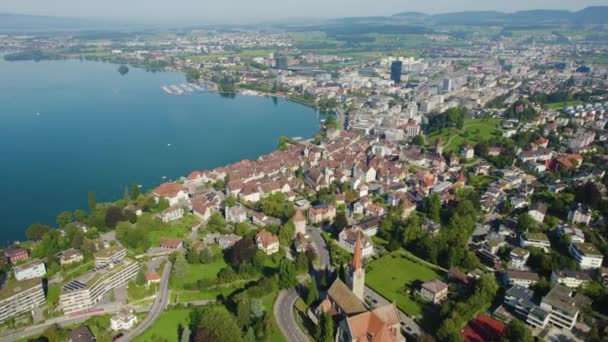 Légi Felvétel Körül Régi Város Zug Svájcban Egy Napsütéses Napon — Stock videók