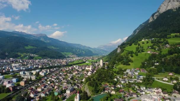 Luchtfoto Rondom Stad Sargans Zwitserland Een Zonnige Ochtenddag Zomer — Stockvideo