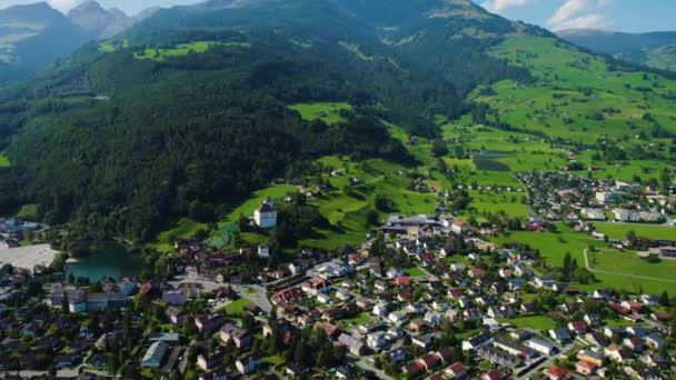 Luchtfoto Rond Stad Buchs Zwitserland Een Zonnige Ochtenddag Zomer — Stockvideo