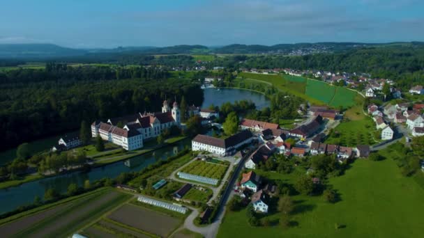 Aerial View City Monastery Rheinau Switzerland Sunny Morning Day Summer — Stock Video