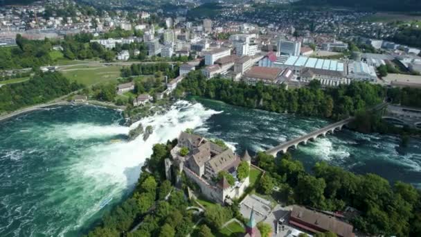 Aerial View Rhine Falls Waterfall Switzerland Sunny Day Summer — Stock Video