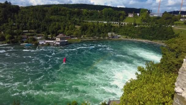 Vue Aérienne Des Chutes Rhin Cascade Suisse Par Une Journée — Video