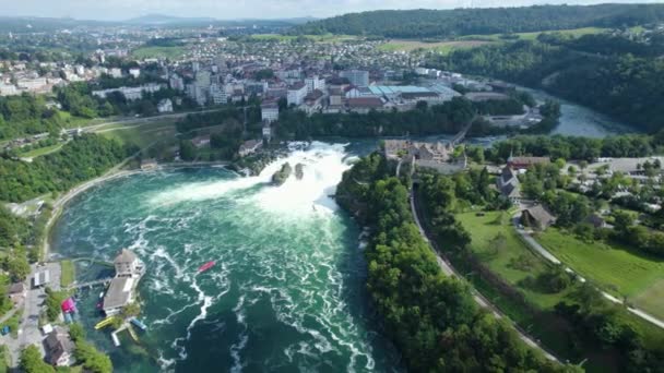 Luftaufnahme Des Rheinfalls Wasserfall Der Schweiz Einem Sonnigen Sommertag — Stockvideo